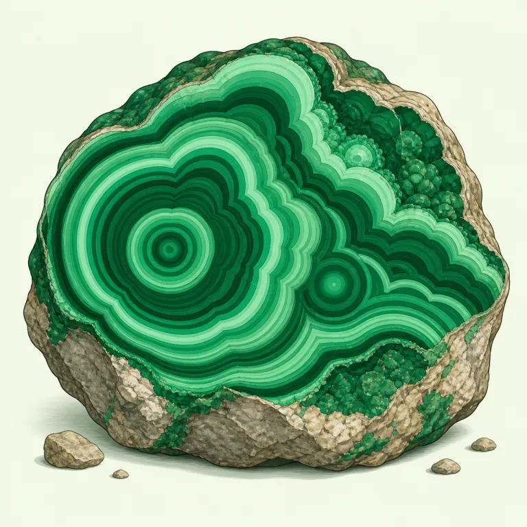 malachite（孔雀石・名詞）の覚え方イラスト — 鉱物名でよく見る -ite に注目すると、graphite や calcite などと同じ「石・鉱物」グループだと整理できます