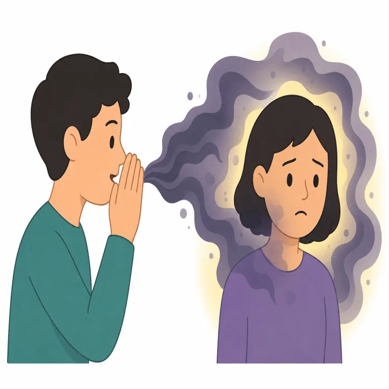 malign（中傷する・動詞）の覚え方イラスト — `mal-` は `malfunction` や `malice` と同じく「悪い」の合図