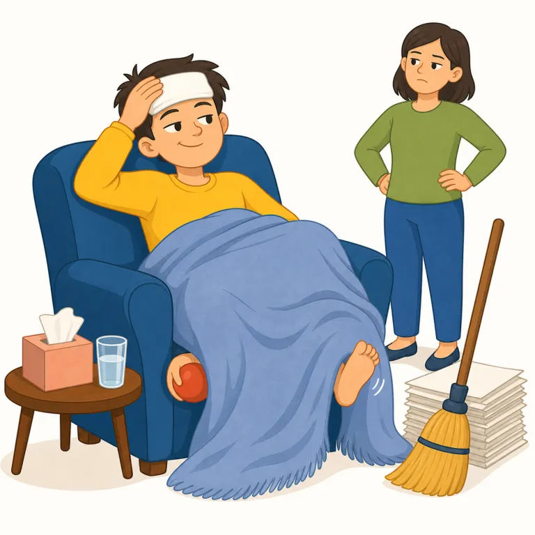 malingering（詐病、仮病を使うこと・名詞）の覚え方イラスト — malingering は、まず動詞 malinger「仮病を使う」を核にして、-ing で「その行為」と覚えると定着しやすい