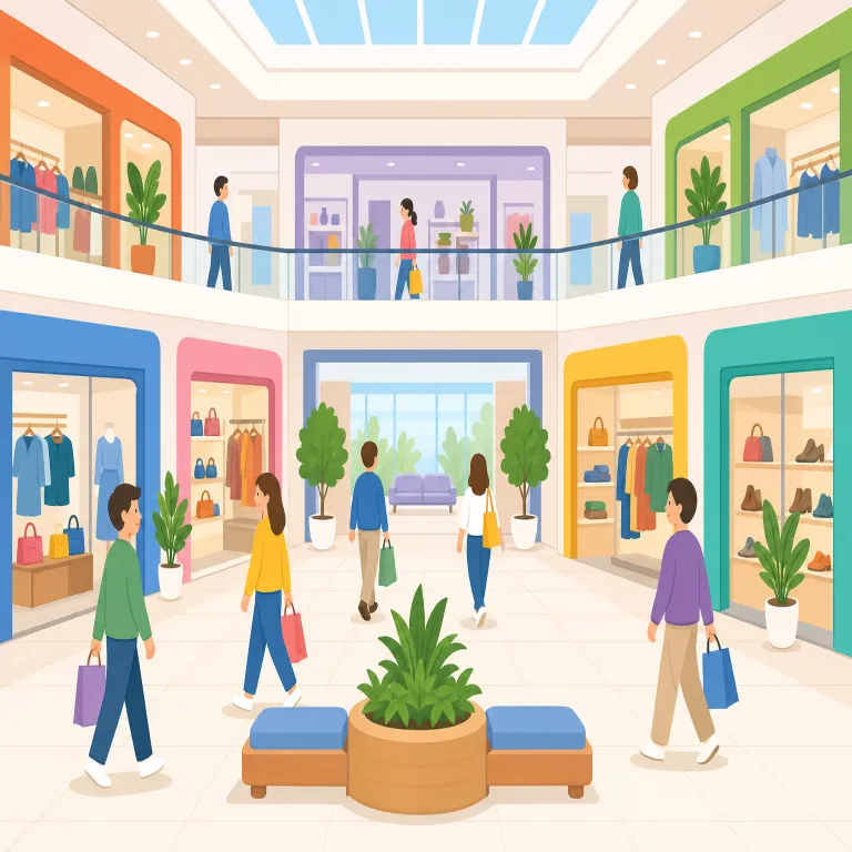 mall（モール・名詞）の覚え方イラスト — mall は単独でも見かけますが、まず shopping mall をひとかたまりで覚えると定着しやすいです