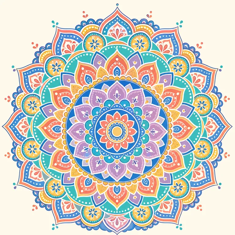 mandala（曼荼羅・名詞）の覚え方イラスト — mandala は単に「丸い模様」と覚えるより、「中心から外へ、世界の秩序や心の世界が配置された神聖な図」と一まとまりで捉えると残りやすいです