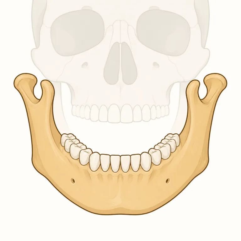 mandible（下顎骨・名詞）の覚え方イラスト — まず日常語の jaw を土台にし、mandible はその解剖学・歯科版の専門語だと置くと覚えやすいです