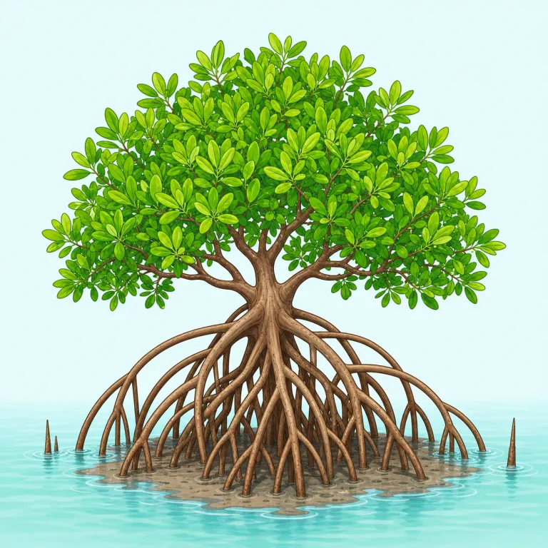 mangrove（マングローブ・名詞）の覚え方イラスト — mangrove は単独の訳語より、"mangrove swamp" "mangrove forest" で覚えると定着しやすい語です