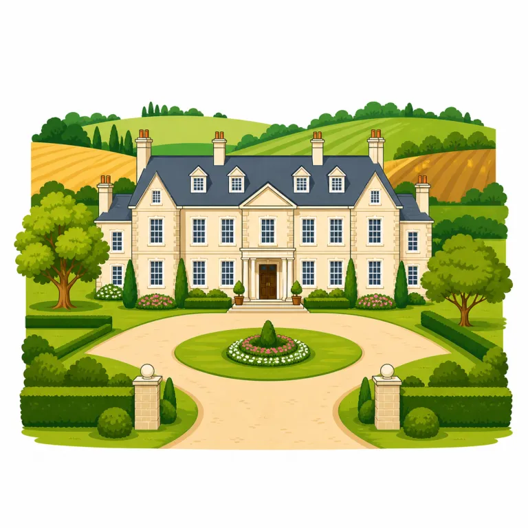 manor（荘園・名詞）の覚え方イラスト — mansion を知っているなら、manor は『大きな館』から一歩進んで、『その館を中心に広がる領主の土地』まで含む語だと覚えると定着しやすい