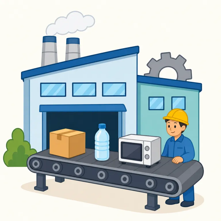 manufacturer（メーカー・名詞）の覚え方イラスト — manufacturer は manufacture（製造する）に -er（〜する人・会社）が付いた形なので、まず manufacture を核にすると覚えやすいです