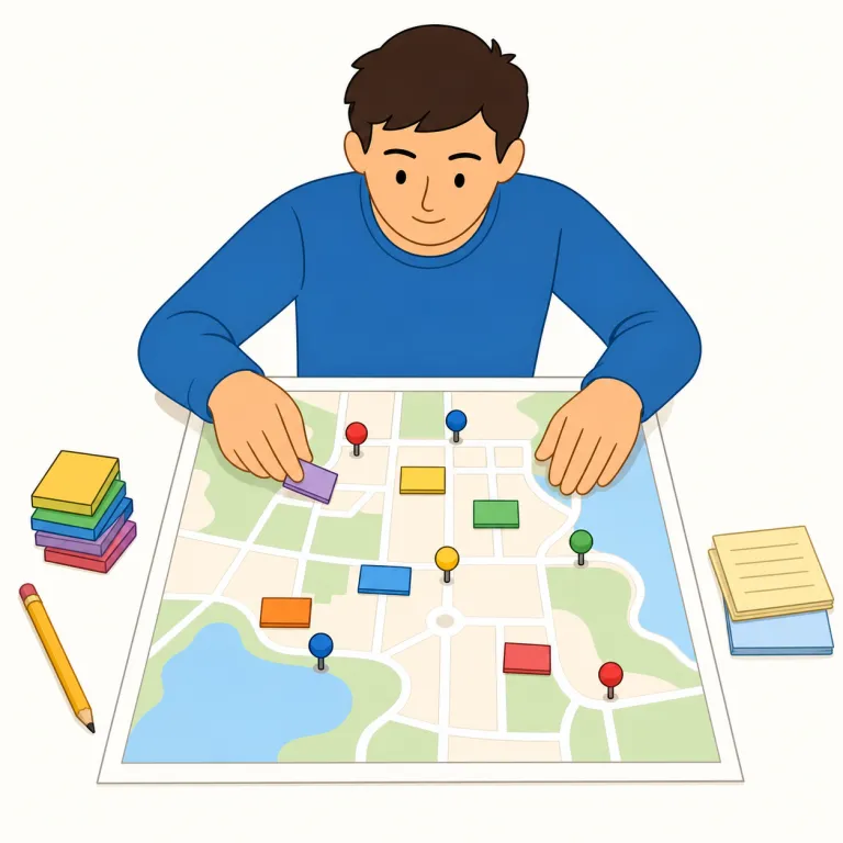 map out（計画する・句動詞）の覚え方イラスト — map out は、本物の地図に道筋を書き込むイメージで覚えます