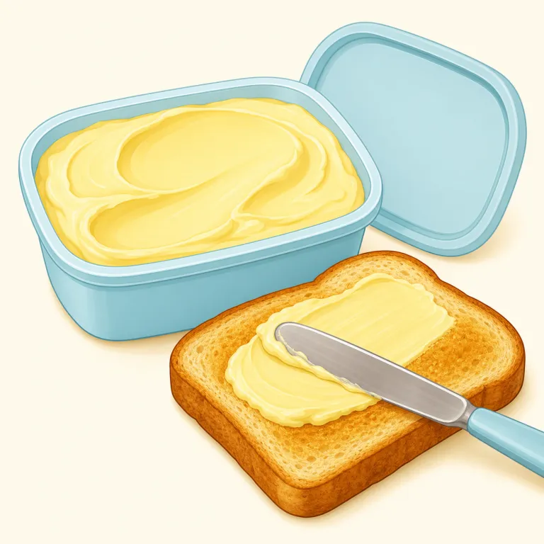 margarine（マーガリン・名詞）の覚え方イラスト — 英語でも日本語の「マーガリン」とほぼ同じ形なので、まず butter の代用品という基本場面で固定すると覚えやすいです