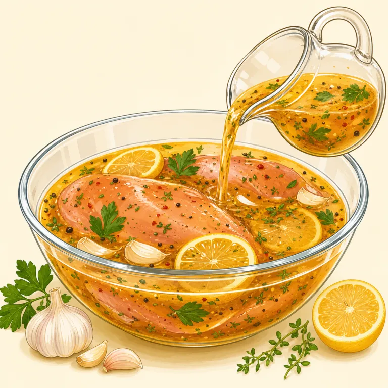 marinade（マリネ液、漬け込み液・名詞）の覚え方イラスト — まず動詞 marinate「漬け込む」を知っていると覚えやすいです