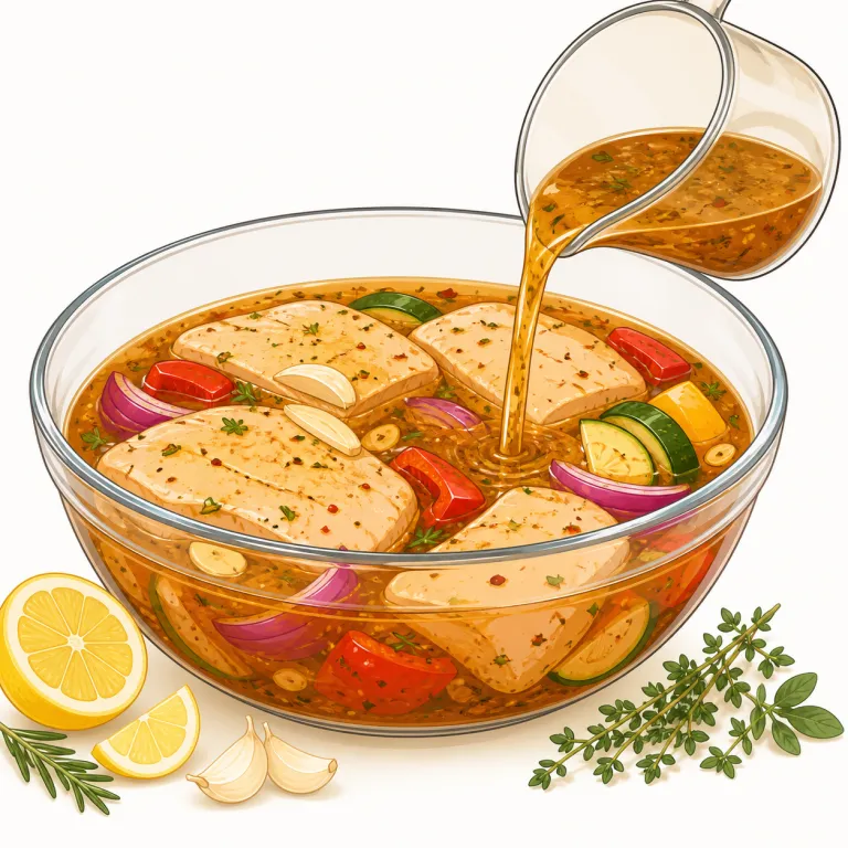 marinate（つけ汁に漬け込む・動詞）の覚え方イラスト — marinate は名詞 marinade（マリネ液）とセットで覚えると定着しやすい語です