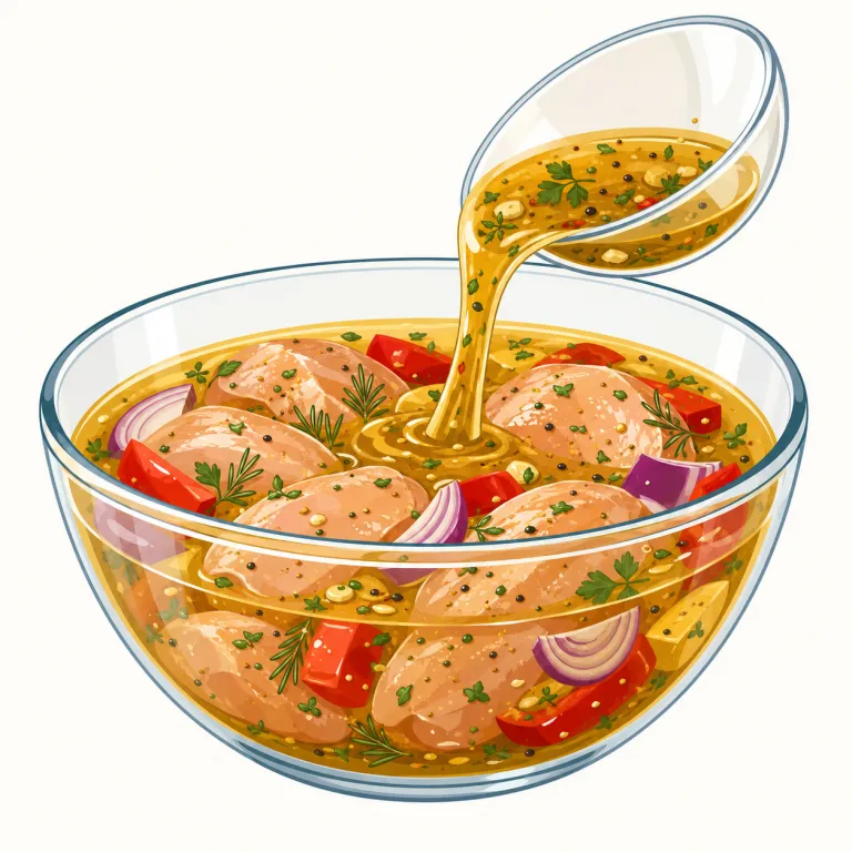 marinating（マリネする・動詞）の覚え方イラスト — marinating は marinade「マリネ液」と結び付けて、食材を oil, vinegar, herbs, spices などの液に浸し、味や香りをしみ込ませる調理…