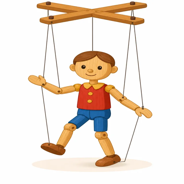 marionette（マリオネット・名詞）の覚え方イラスト — puppet は操り人形全般、doll はただの人形