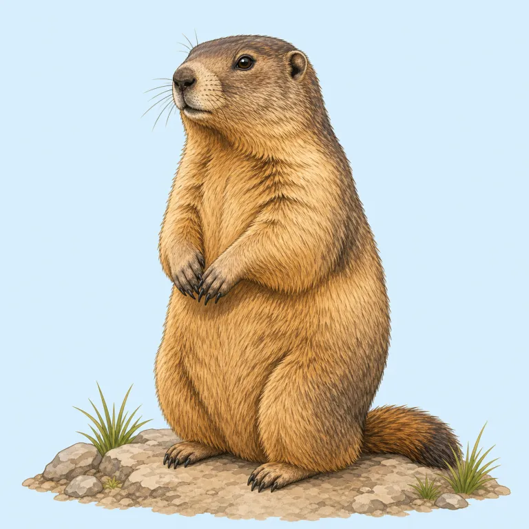 marmot（マーモット・名詞）の覚え方イラスト — まず動物名として単独で覚えるより、"a marmot hibernates in a burrow" の場面ごと固定すると残りやすいです