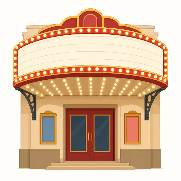 marquee（看板・名詞）の覚え方イラスト — marquee は、映画館・劇場の入口で上に張り出し、ライトで作品名や催しを大きく見せる看板だと場面ごと覚えると定着しやすいです