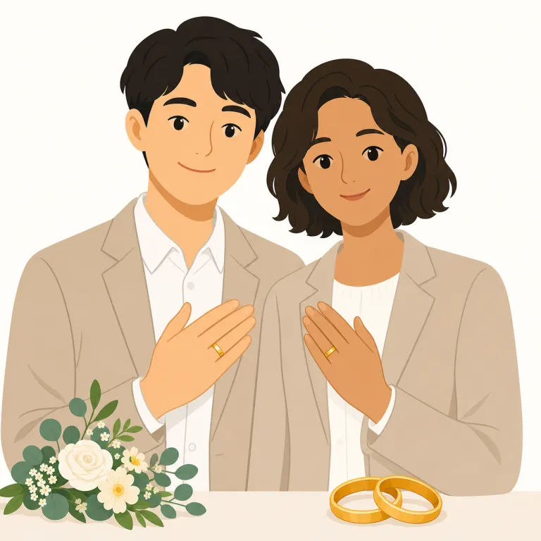 married（既婚・形容詞）の覚え方イラスト — 形容詞の married は、過去分詞から発展して「結婚済みの状態」を表す語になったものです