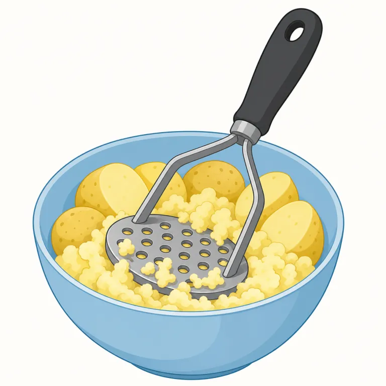 masher（マッシャー、つぶし器・名詞）の覚え方イラスト — まず `mash` を `mashed potato` で覚えるとよいです