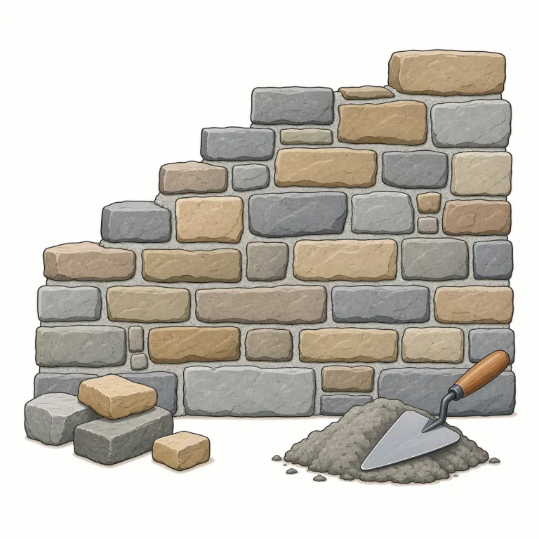 masonry（石積み・名詞）の覚え方イラスト — mason（石工）を知っていると覚えやすい語です