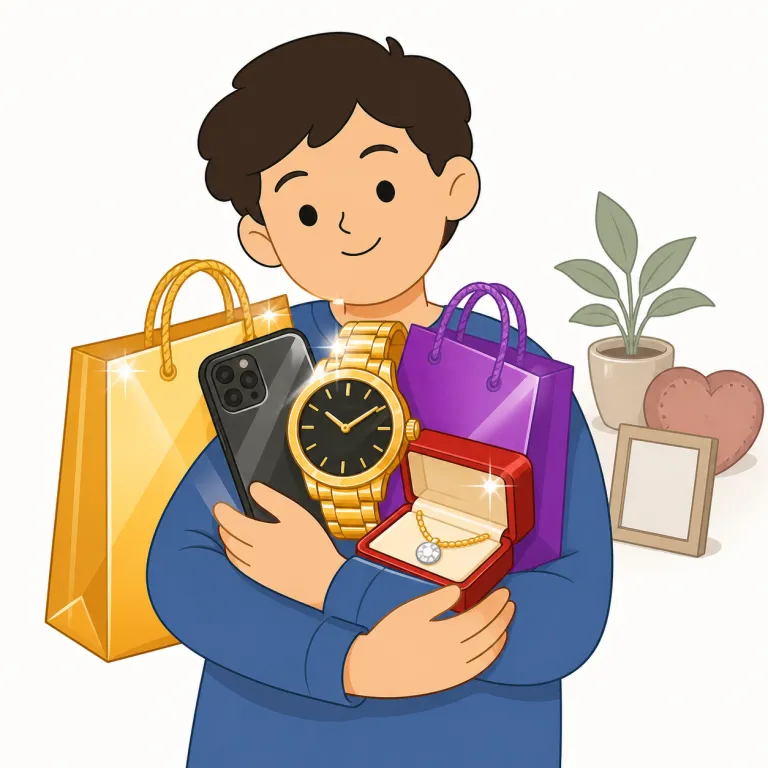 materialistic（物質主義的な・形容詞）の覚え方イラスト — materialistic は「物やお金に価値を置きすぎる」と捉えると覚えやすい語です