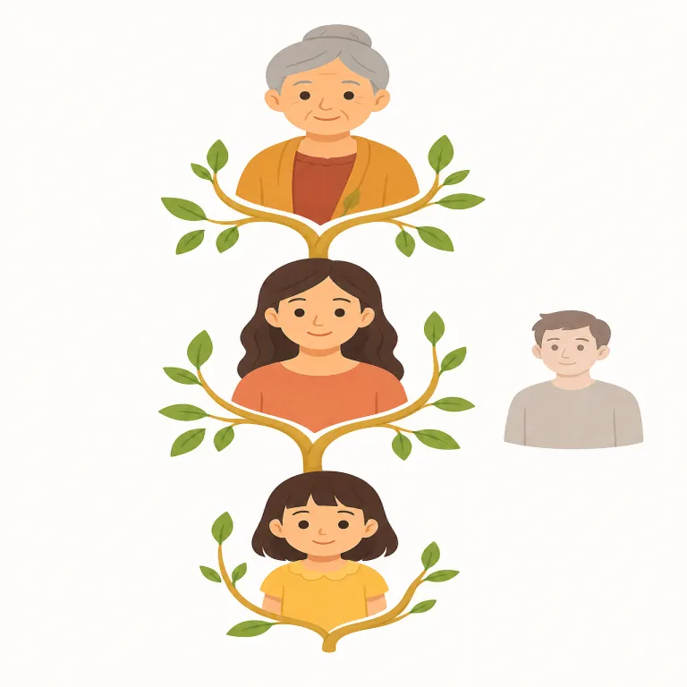 matrilineal（母系の・形容詞）の覚え方イラスト — matri- は maternal や matriarchy にある「母」、-lineal は line / lineage の「家系の線」と結びつけると覚えやすいです