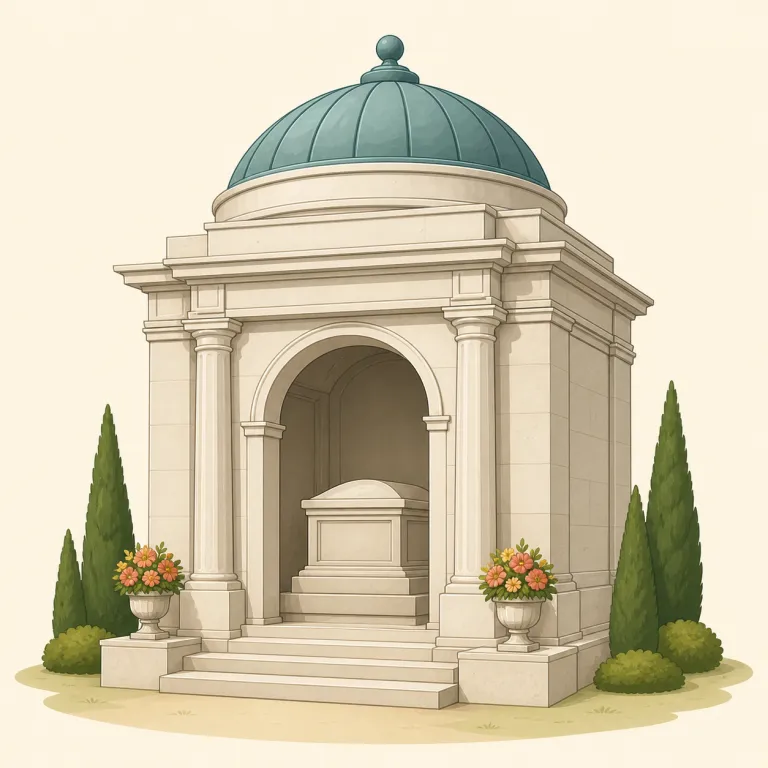 mausoleum（霊廟・名詞）の覚え方イラスト — まず tomb は「墓・墓石」、grave は土に埋める「墓穴」、cemetery は「墓地」