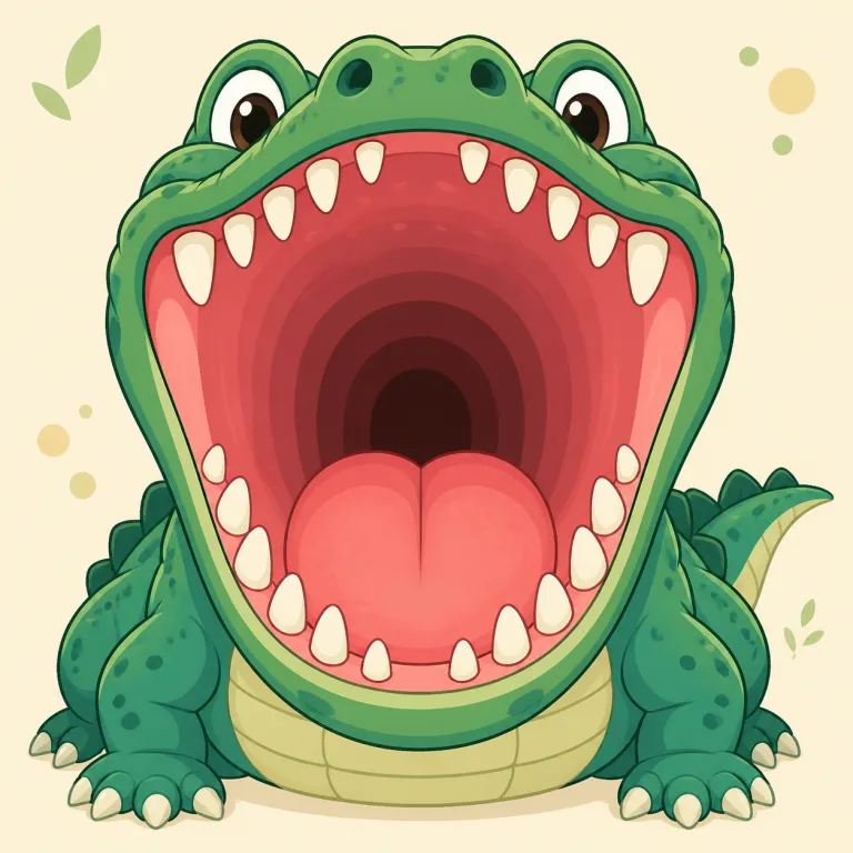 maw（大きな口・名詞）の覚え方イラスト — maw は単なる mouth ではなく、猛獣が獲物をのみ込みそうな「大きく恐ろしい口」