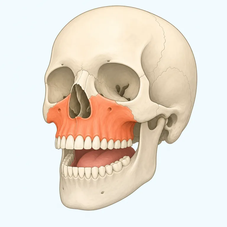 maxilla（上顎・名詞）の覚え方イラスト — 解剖語として単独で丸暗記するより、maxillary（上顎の）、maxillofacial（顎顔面の）とまとめて覚えると定着しやすい語です