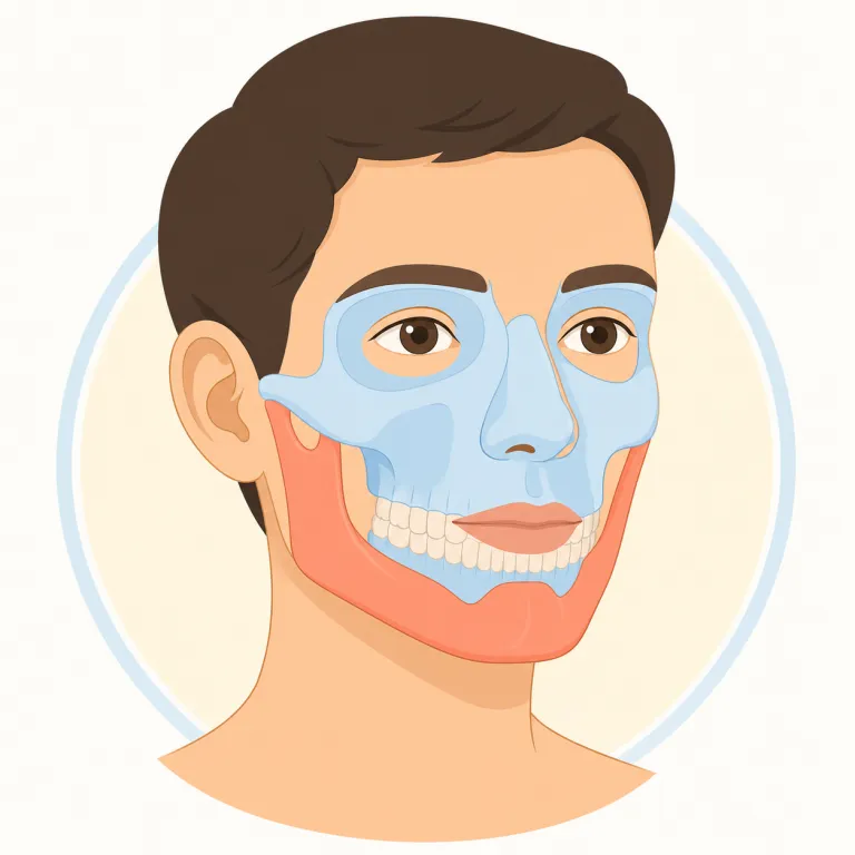 maxillofacial（顎顔面・形容詞）の覚え方イラスト — まず facial が見えれば「顔」に関する語だと拾える