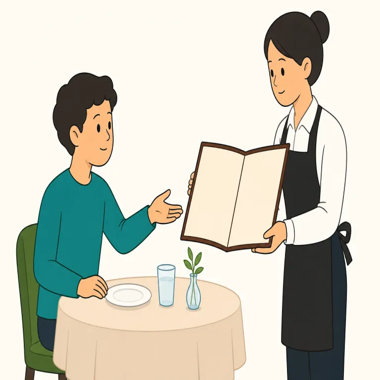 may i see the menu（メニューを見てもいいですか。・イディオム）の覚え方イラスト — 覚える軸は、丸ごとを「店で丁寧に何かを見せてもらう型」として覚えること