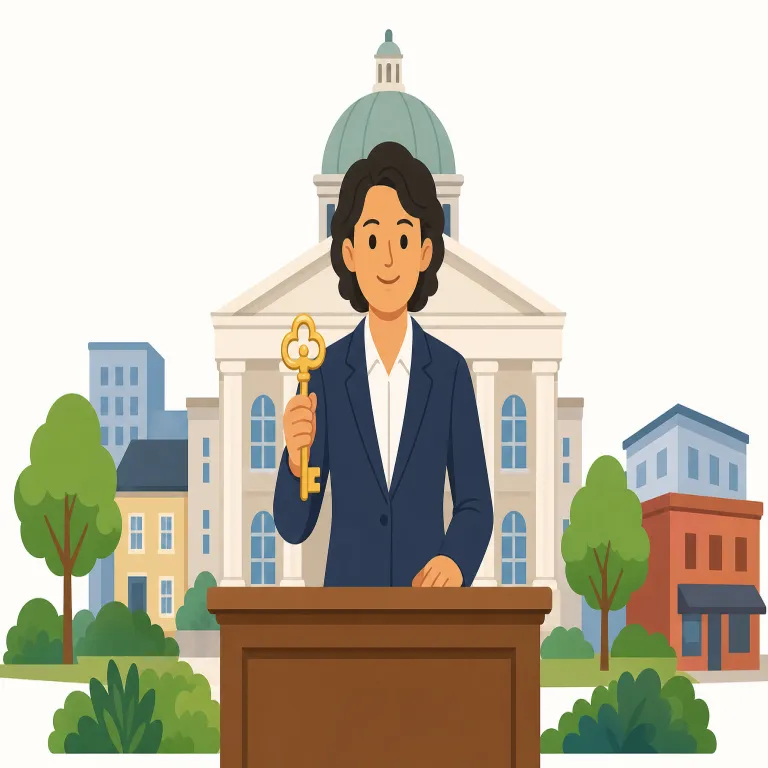 mayor（市長・名詞）の覚え方イラスト — mayor は city や town など自治体の代表者で、日本語では文脈に応じて「市長」と訳します