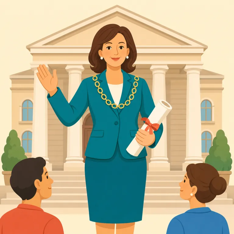mayoress（女性市長・名詞）の覚え方イラスト — mayoress は mayor「市長」に女性を表す -ess が付いた名詞で、「女性市長」を指します
