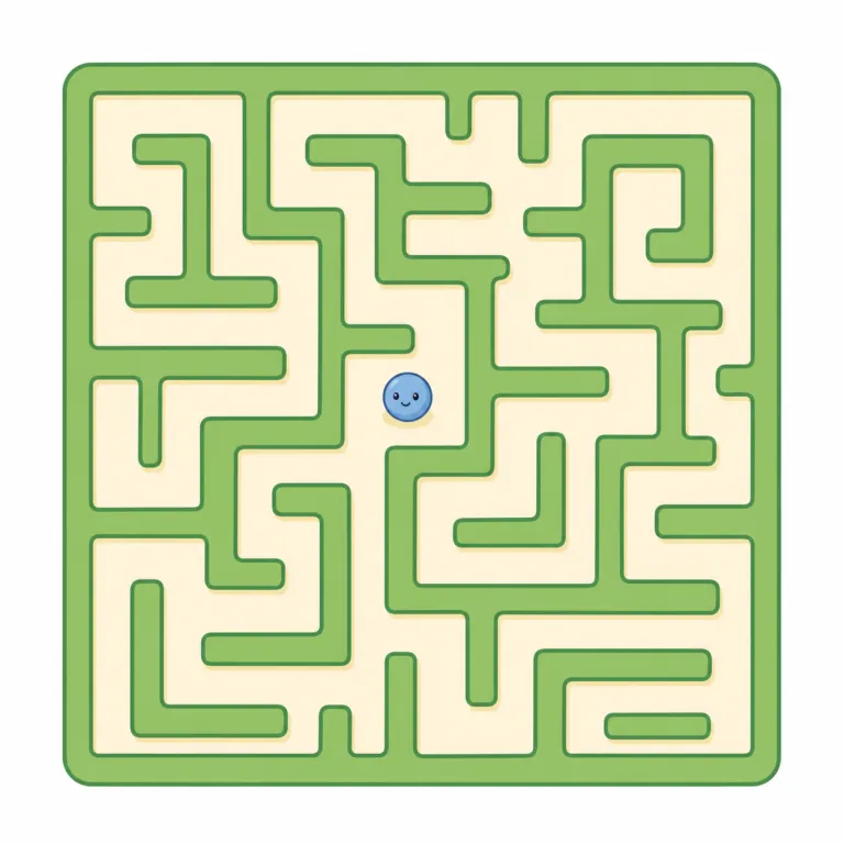 maze（迷路・名詞）の覚え方イラスト — maze は、曲がり道や分岐が多く、出口を探しにくい構造としての「迷路」を指す名詞です