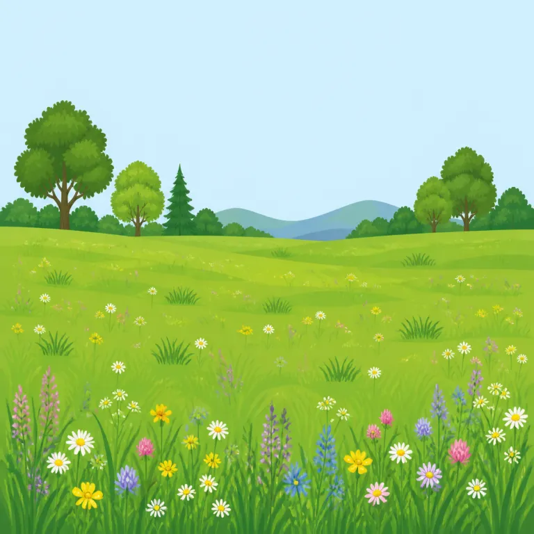 meadow（草地、牧草地・名詞）の覚え方イラスト — meadow は、木が多い forest でも、作物を育てる field でもなく、「草が広がる開けた土地」と整理すると覚えやすい語