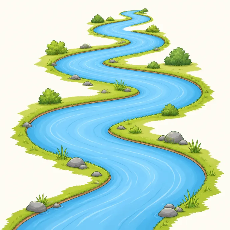 meander（蛇行する・動詞）の覚え方イラスト — 「まっすぐ進む」の反対として覚えると定着しやすい語