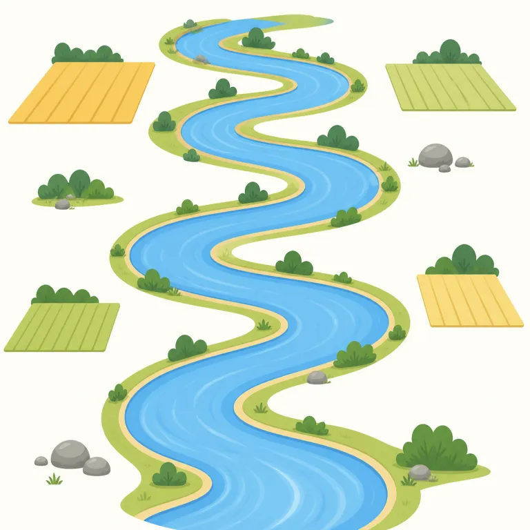 meandering（蛇行した、曲がりくねった・形容詞）の覚え方イラスト — meander を知っていれば、その -ing 形で「曲がりくねりながら続く」様子をそのまま形容詞化した語だと覚えやすいです
