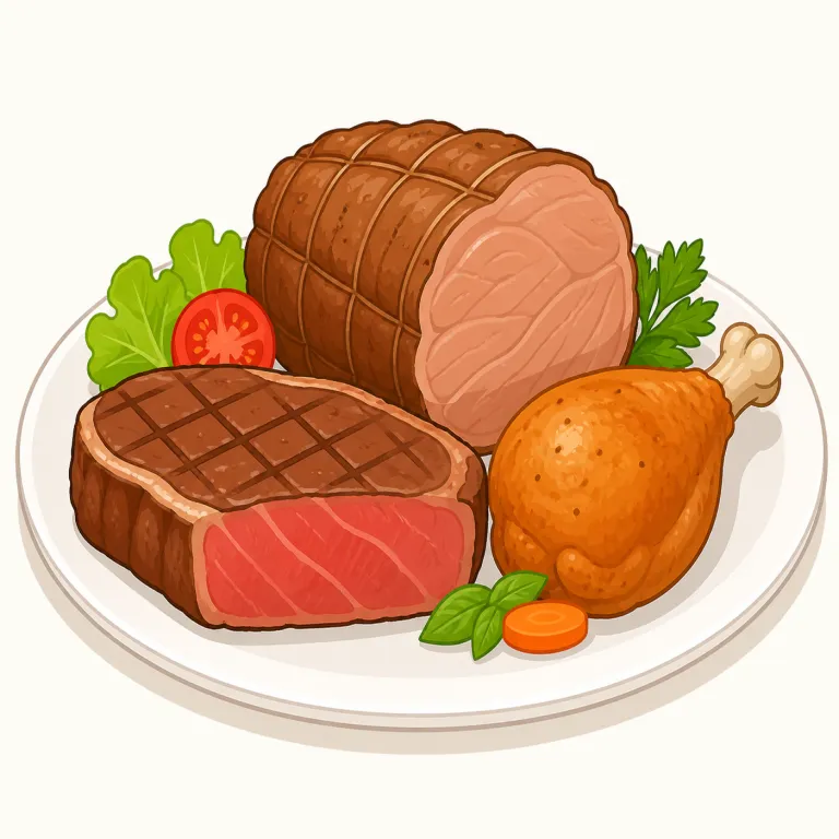 meat（肉・名詞）の覚え方イラスト — meat は食卓や精肉店で目にする「肉そのもの」を表す語として覚えるとよいです