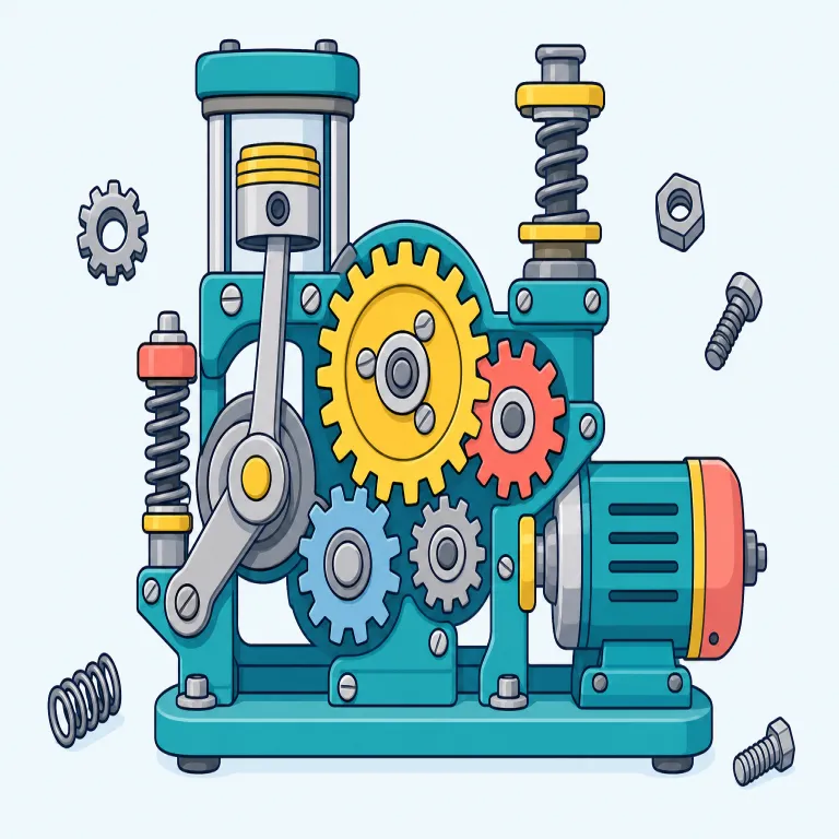 mechanical（機械的な・形容詞）の覚え方イラスト — この意味の mechanical は、機械そのものではなく、人の動作・返答・笑顔などが機械のように型どおりで、感情や自分で考えた感じが薄いことを表します