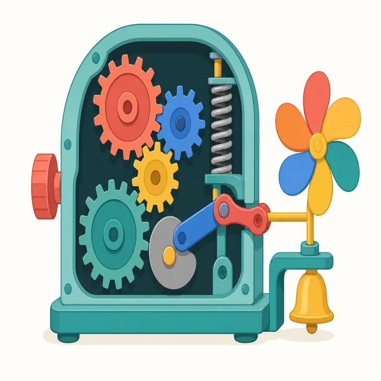 mechanism（仕組み・名詞）の覚え方イラスト — この meaning では mechanism を、機械の部品としての「機構」ではなく、物事が成り立ち動く「仕組み」として覚えます