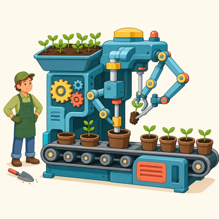 mechanize（機械化する・動詞）の覚え方イラスト — mechan-「機械」と -ize「〜化する」に分け、「作業を機械で行う形に変える」と覚えると定着しやすい語です