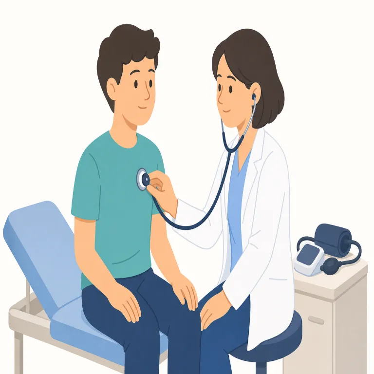 medical checkup（健康診断・名詞）の覚え方イラスト — medical checkup は medical「医療の」＋ checkup「まとめて点検すること」と分けると、「健康状態を定期的に確認する検査」と覚えやすいです