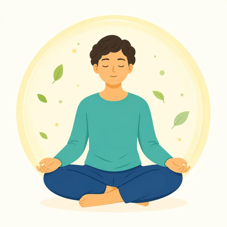 meditate（瞑想する・動詞）の覚え方イラスト — このレコードの meditate は、心を落ち着ける実践としての「瞑想する」です