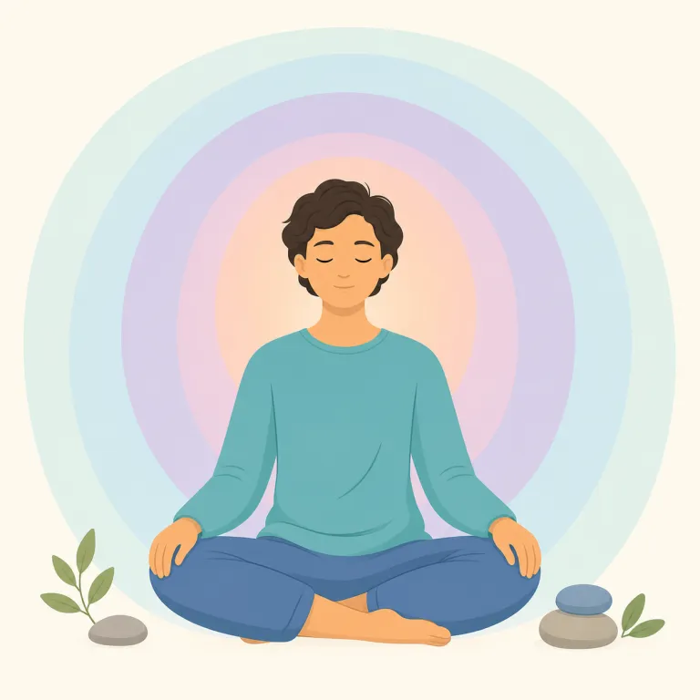 meditative（瞑想的な・形容詞）の覚え方イラスト — meditate（瞑想する）や meditation（瞑想）を知っていれば、その形容詞版が meditative
