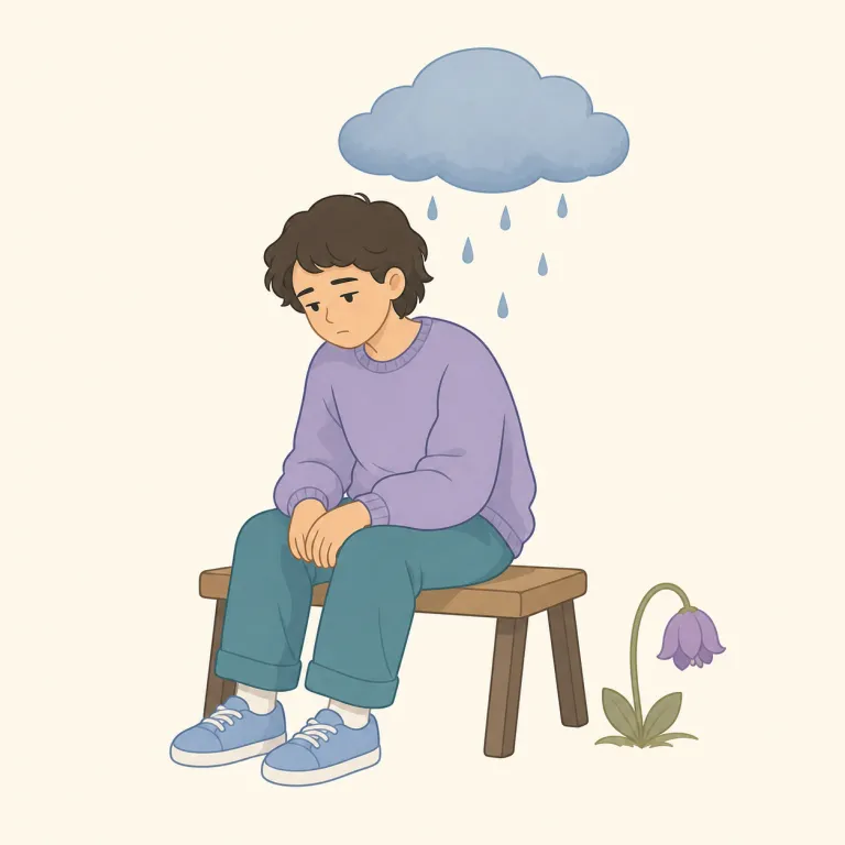 melancholic（憂鬱な・形容詞）の覚え方イラスト — melancholy（憂うつ、物悲しさ）を知っていれば、語尾が -ic になった形容詞版だと見て「憂うつな」と取りやすいです