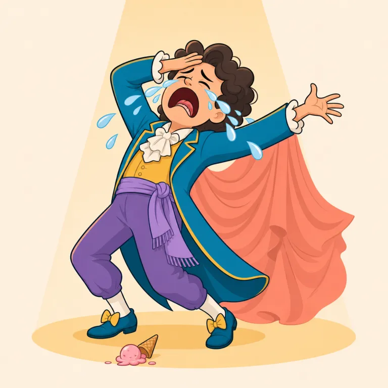 melodramatic（大げさな・形容詞）の覚え方イラスト — dramatic が「劇的な」なら、melodramatic はそこからさらに行き過ぎて「感情を盛りすぎた、芝居がかった」と覚えるとよいです