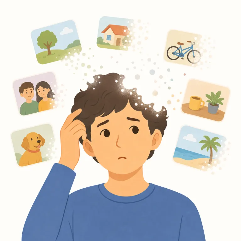 memory loss（記憶力低下・名詞）の覚え方イラスト — jaunty は happy そのものより、外に現れる「軽く弾む感じ」を覚えるとよいです