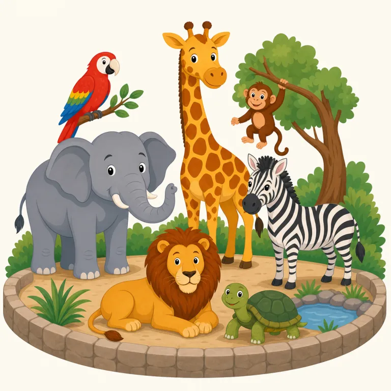 menagerie（動物園・名詞）の覚え方イラスト — zoo を知っていても、menagerie は「動物園そのもの」より「いろいろな動物を集めた一群」という感触で覚えると残りやすい語です