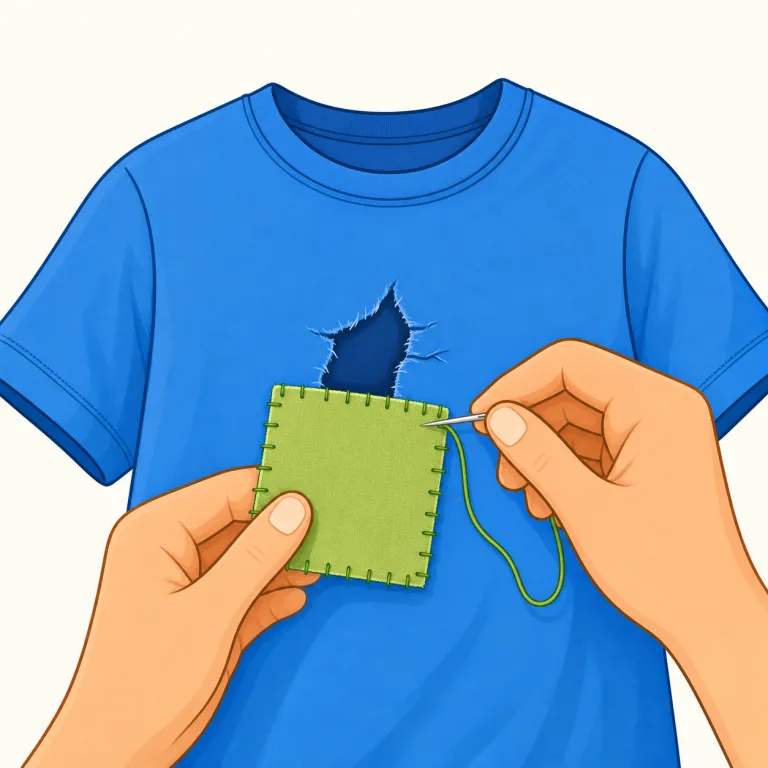 mend（直す・動詞）の覚え方イラスト — mend は fix や repair の仲間ですが、特に「破れ・ほころび・壊れを繕って元のよい状態に戻す」場面を思い浮かべると覚えやすいです