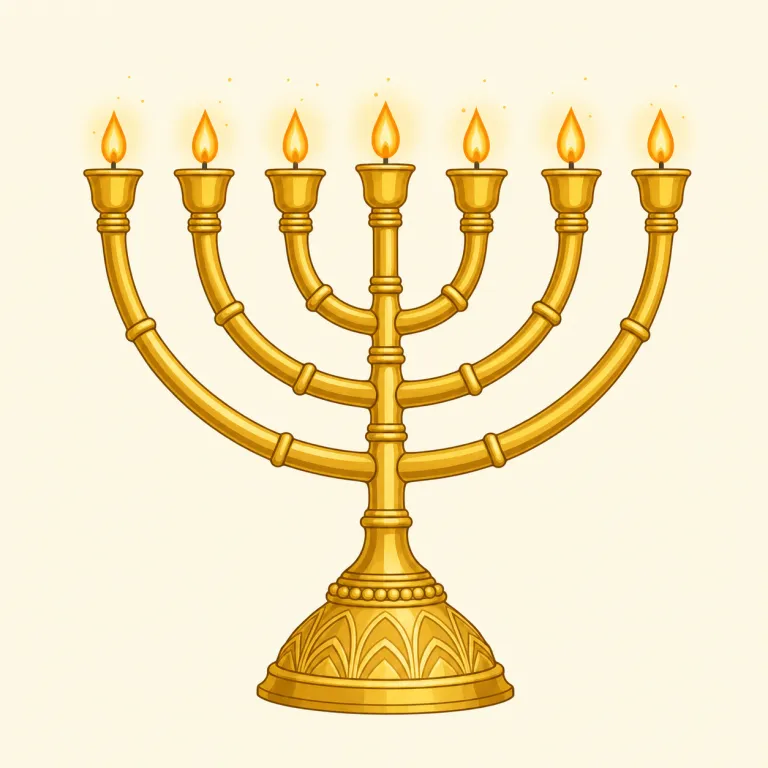 menorah（（ユダヤ教の）枝付き燭台、メノラー・名詞）の覚え方イラスト — menorah は、何本もの枝に明かりが並ぶ燭台を思い浮かべると覚えやすいです