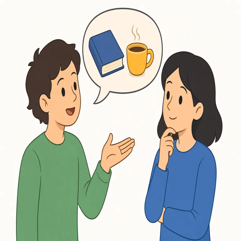 mention（言及する、話題にする・動詞）の覚え方イラスト — mention は「長く説明する」のではなく、「話の中で少し出す」動きで覚えると定着しやすいです
