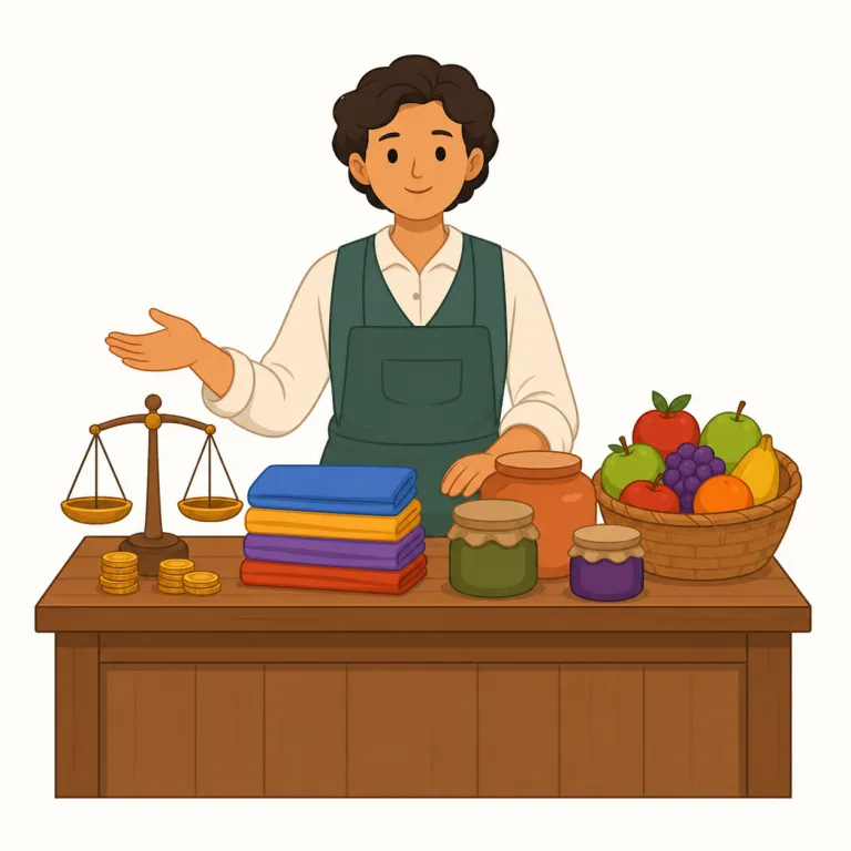 merchant（商人・名詞）の覚え方イラスト — この「商人」は、国際取引に限らない、品物を仕入れて売る人という広い職業名として覚えます