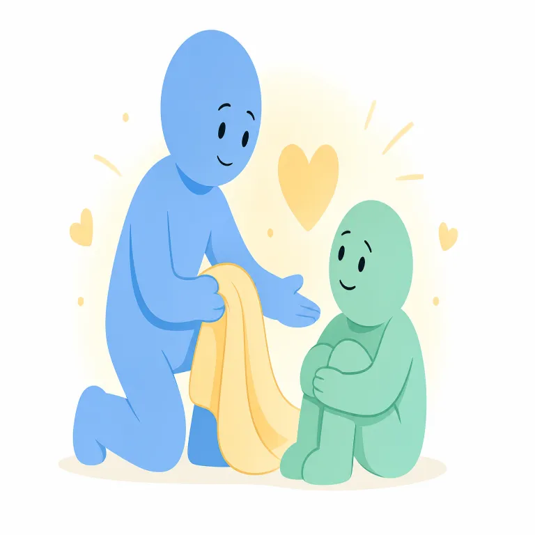 mercy（慈悲・名詞）の覚え方イラスト — この「慈悲」の mercy は、罰を軽くする「寛容・容赦」よりも、苦しむ人に向ける深い思いやりや同情として覚えます