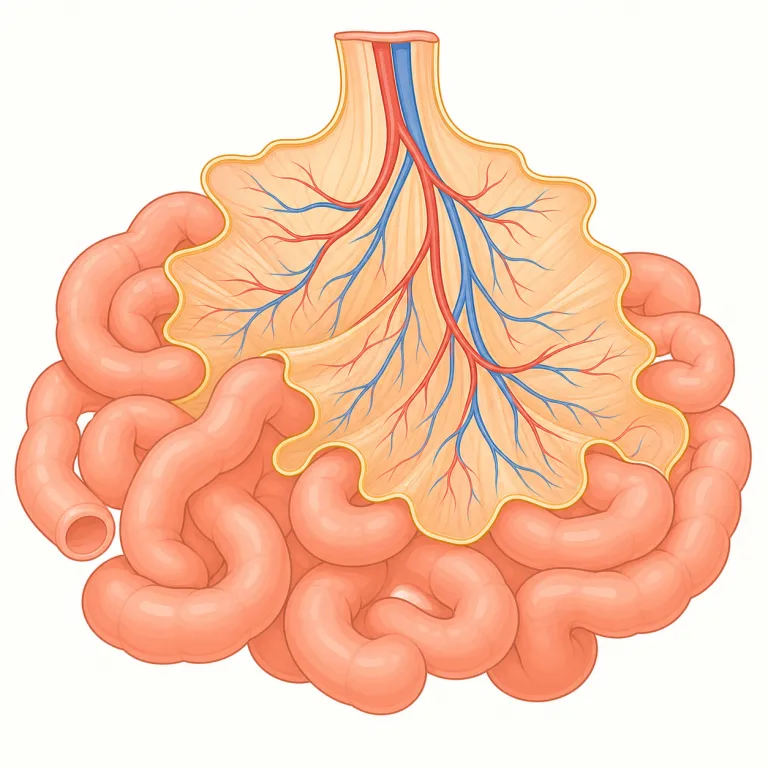 mesenteric（腸間膜の・形容詞）の覚え方イラスト — まず名詞の mesentery（腸間膜）を先に覚え、そこに「〜に関する」の形容詞語尾 -ic が付いた形だと見ると整理しやすいです